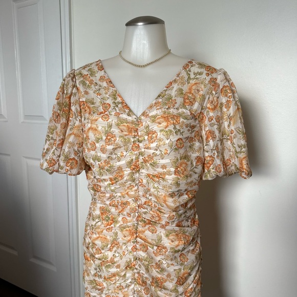 Gloria Floral Mini Puff Sleeved Yellow Spring Scrunch Dress medium - Picture 3 of 7